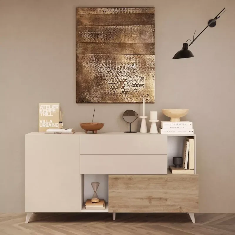 Madia con piedini, design moderno, finitura Cadiz e Cashmere