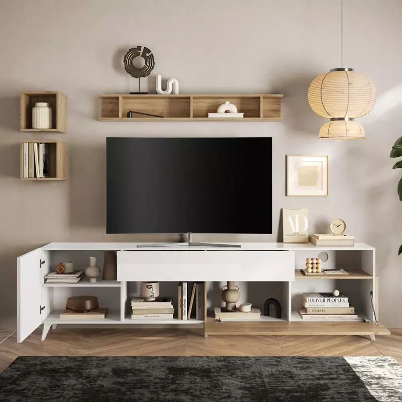 Porta tv 240 cm con piedini, finitura Bianco lucido e Cadiz - immagine 2