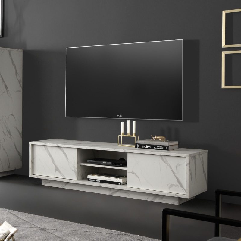 Mobile porta tv 139 cm in legno bianco effetto marmo - Carrara