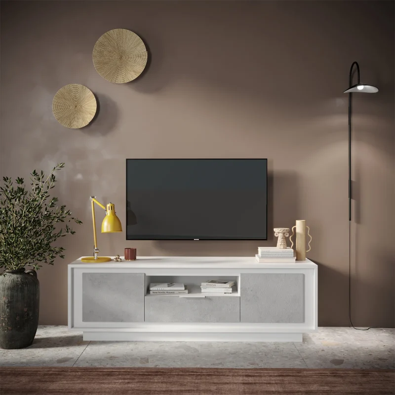 Mobile porta TV 184x58h cm 2 ante 1 cassetto bianco opaco grigio cemento Deluxe