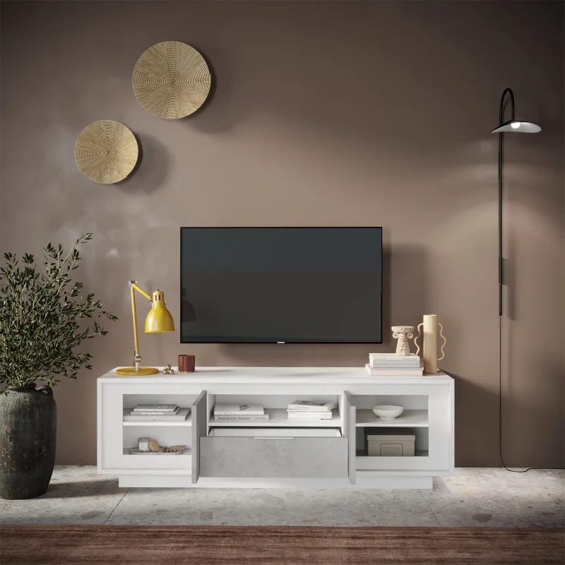 Mobile porta TV 184x58h cm 2 ante 1 cassetto bianco opaco grigio cemento Deluxe - immagine 2