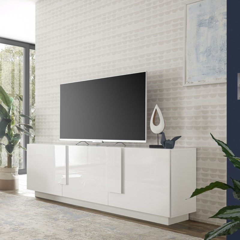 Mobile porta tv 181 cm con tre ante in legno bianco lucido - Felis - immagine 2