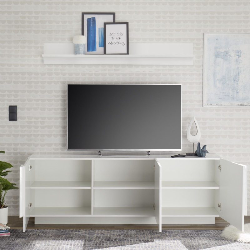 Mobile porta tv 181 cm con tre ante in legno bianco lucido - Felis - immagine 3