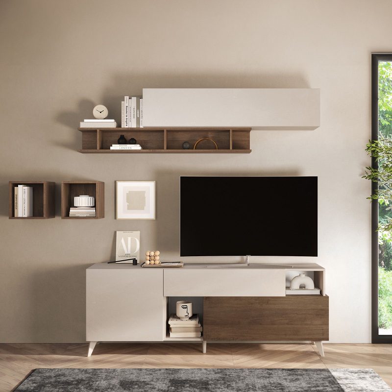 Mobile porta tv 180x67h cm cashmere con 1 anta a ribalta mercure e vani a giorno - Kled