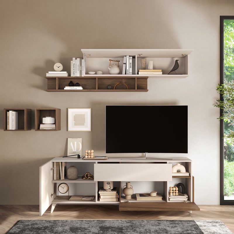 Mobile porta tv 180x67h cm cashmere con 1 anta a ribalta mercure e vani a giorno - Kled - immagine 2