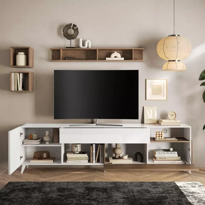 Porta tv 240 cm con piedini, finitura Bianco lucido e Mercure - immagine 3