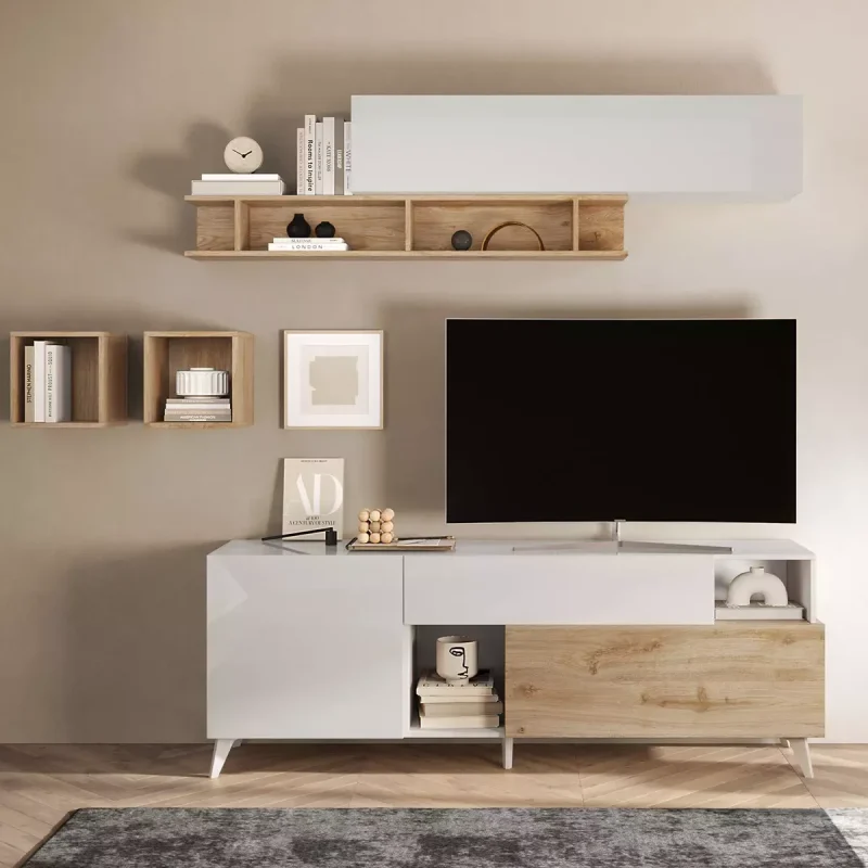 Porta tv con piedini 180 cm, finitura Bianco lucido e Cadiz