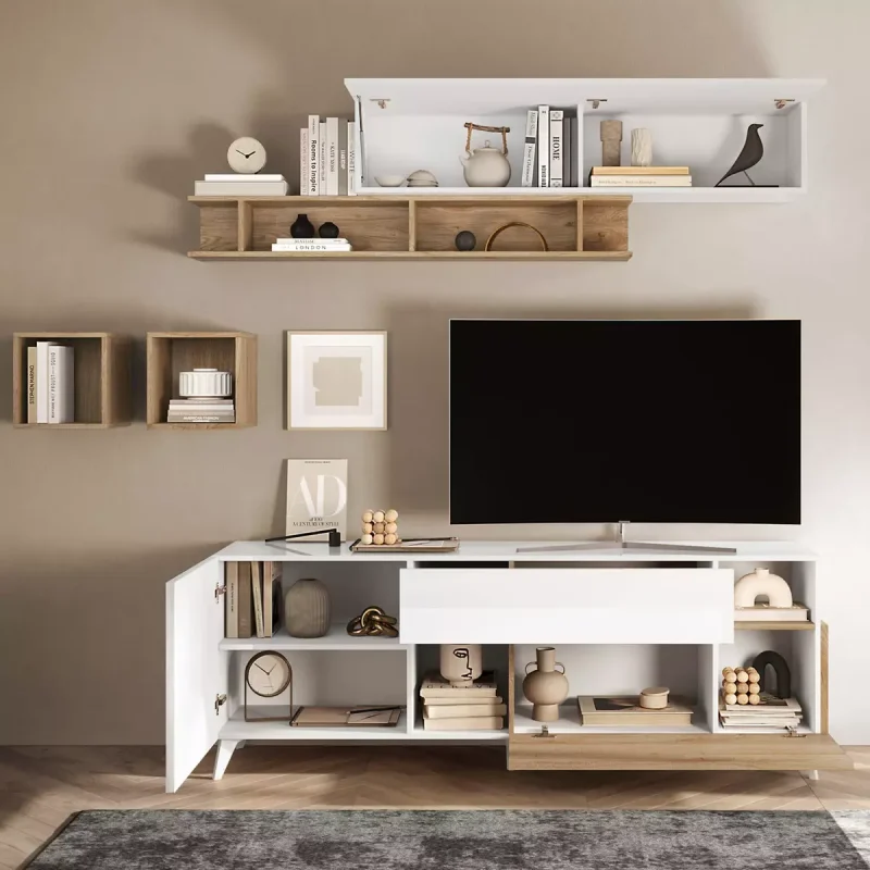 Porta tv con piedini 180 cm, finitura Bianco lucido e Cadiz - immagine 2