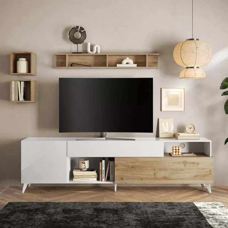 Porta tv 240 cm con piedini, finitura Bianco lucido e Cadiz