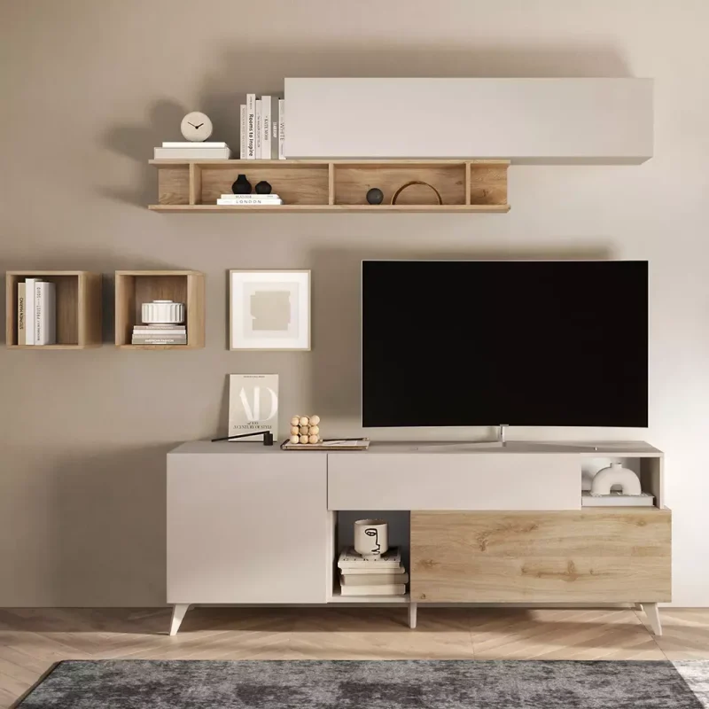 Porta tv 180 con piedini, finitura Cashmere e Cadiz