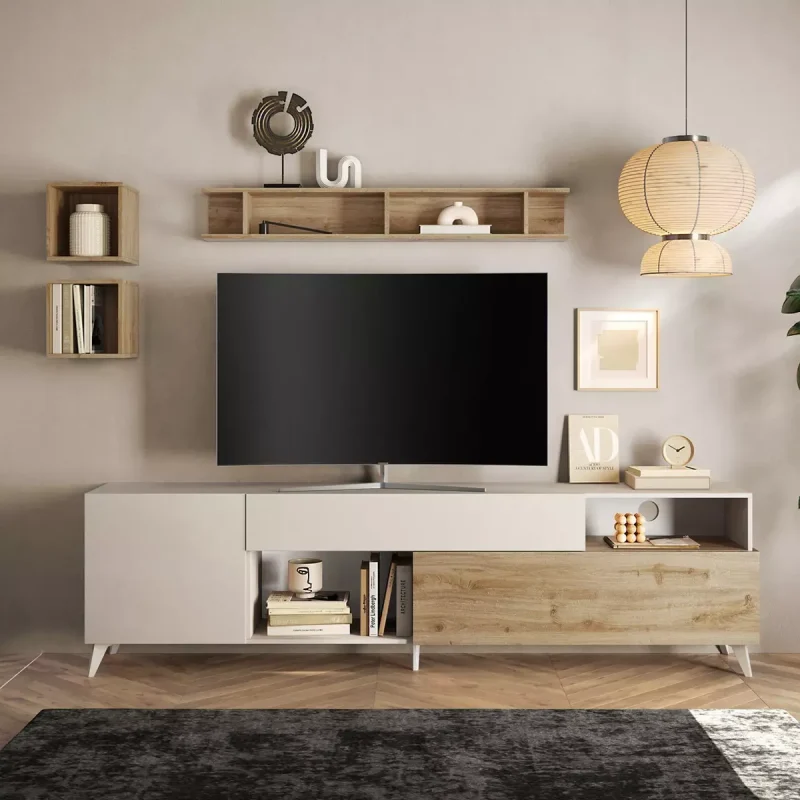 Porta tv 240 cm con piedini, finitura Cashmere e Cadiz