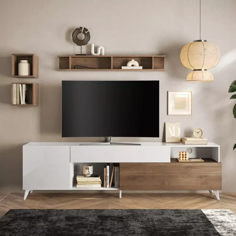 Porta tv 240 cm con piedini, finitura Bianco lucido e Mercure