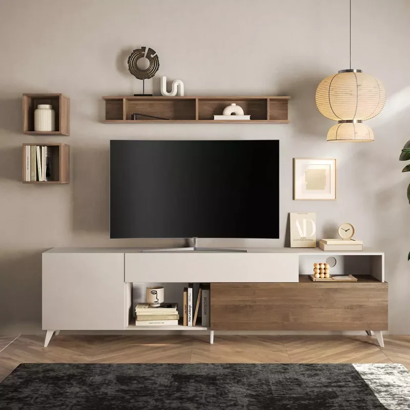 Porta tv 240 cm con piedini, finitura Cashmere e Mercure