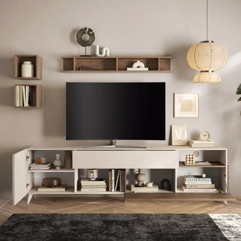 Porta tv 240 cm con piedini, finitura Cashmere e Mercure - immagine 2