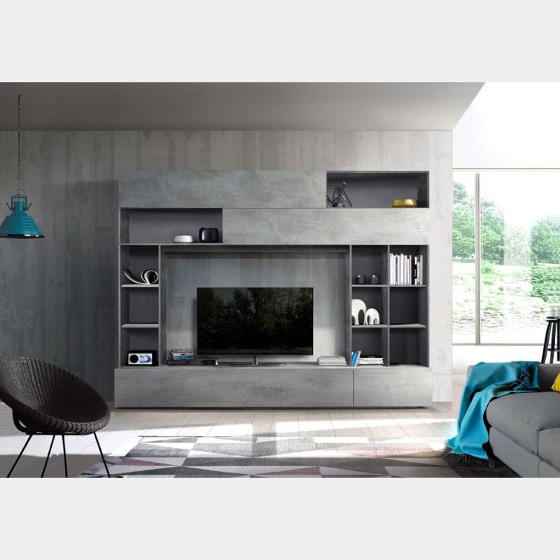 Parete attrezzata 277x209h cm bianco e grigio cemento - Kory