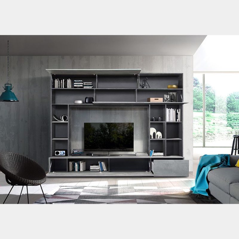 Parete attrezzata 277x209h cm bianco e grigio cemento - Kory - immagine 2