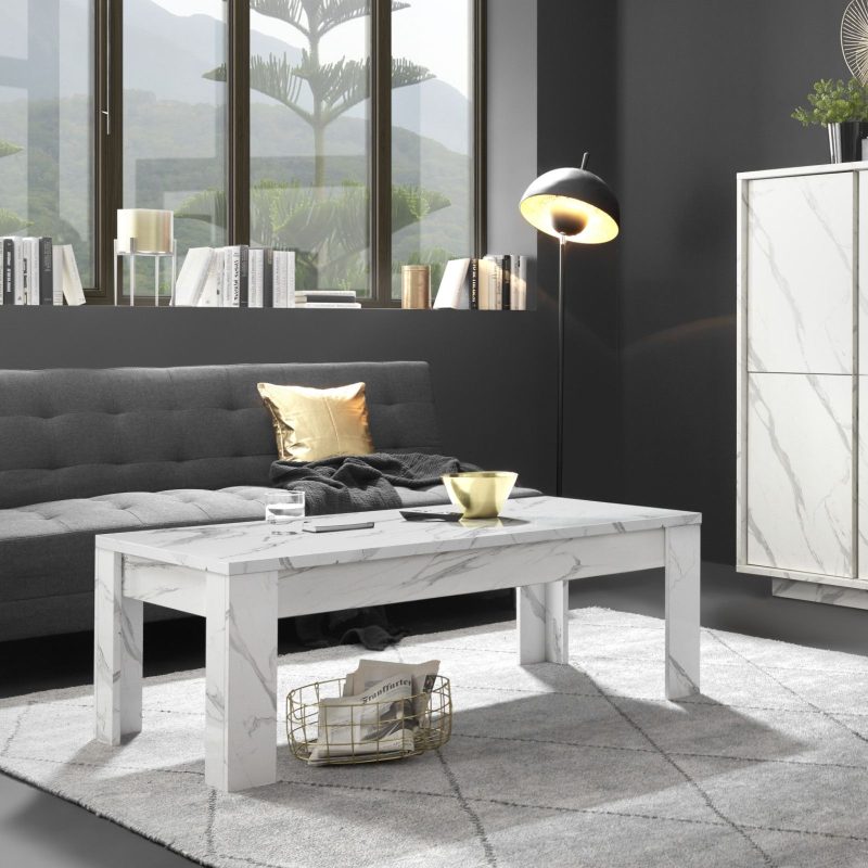 Tavolino basso 122x65 cm in legno bianco effetto marmo - Carrara