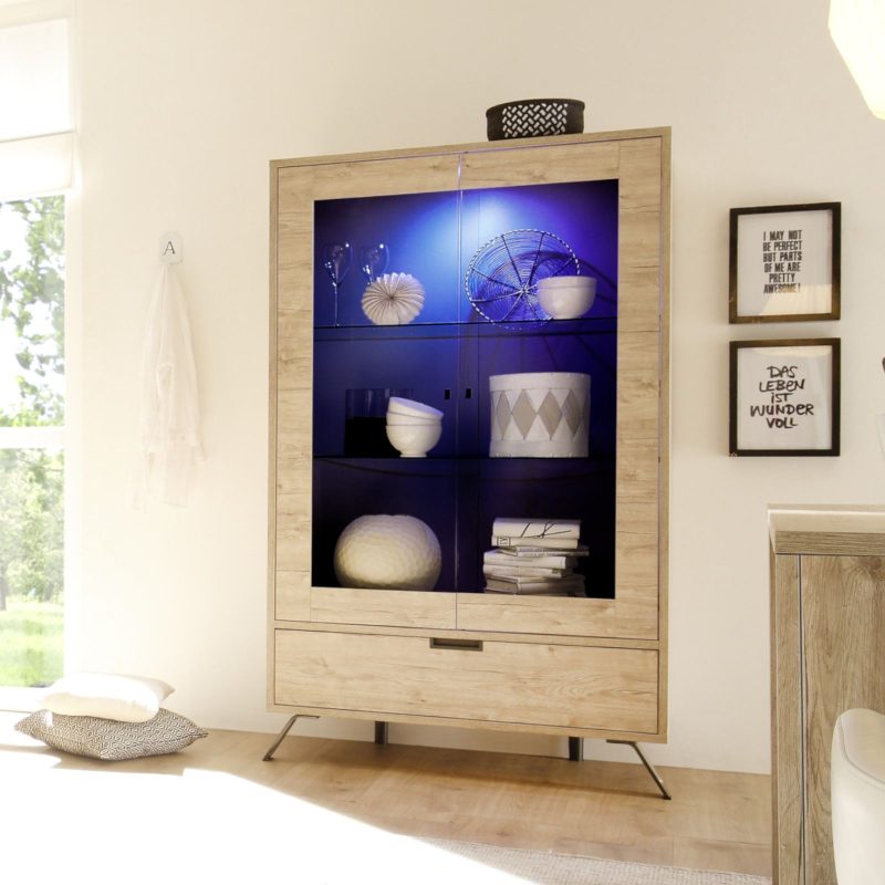 Vetrina 106x177h cm con due ante in legno rovere sherwood con luce led blu - Kara
