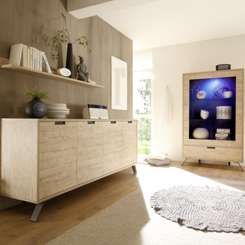 Vetrina 106x177h cm con due ante in legno rovere sherwood con luce led blu - Kara - immagine 2