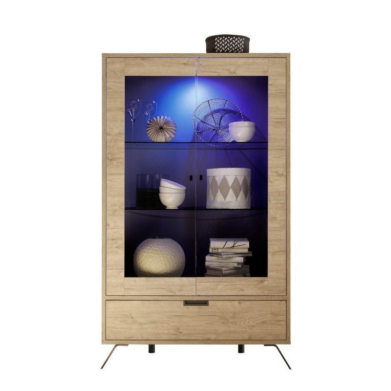 Vetrina 106x177h cm con due ante in legno rovere sherwood con luce led blu - Kara - immagine 3