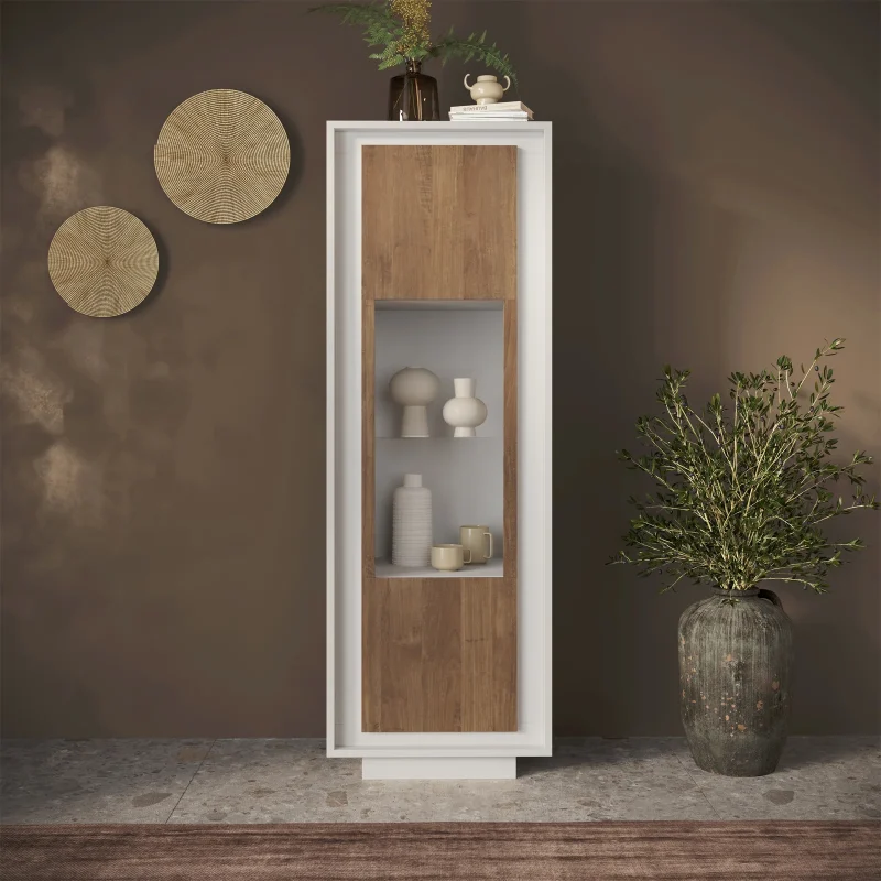 Vetrinetta 67x197h cm 1 anta moderna bianco opaco rovere scuro Deluxe