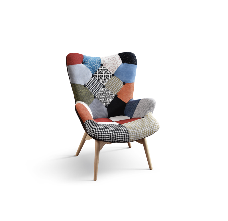 Poltrona patchwork Kody colorato e gambe in faggio massiccio