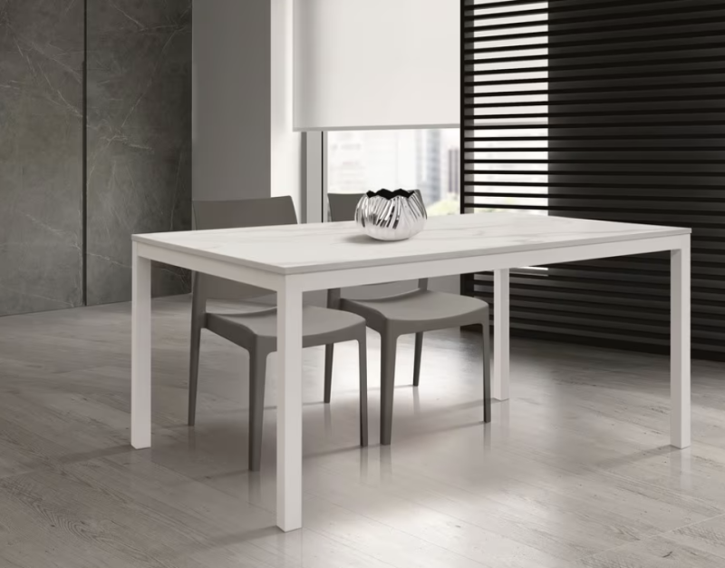TROPEA - Tavolo legno, finitura marmo e metallo bianco, allungabile 120x80 - immagine 2