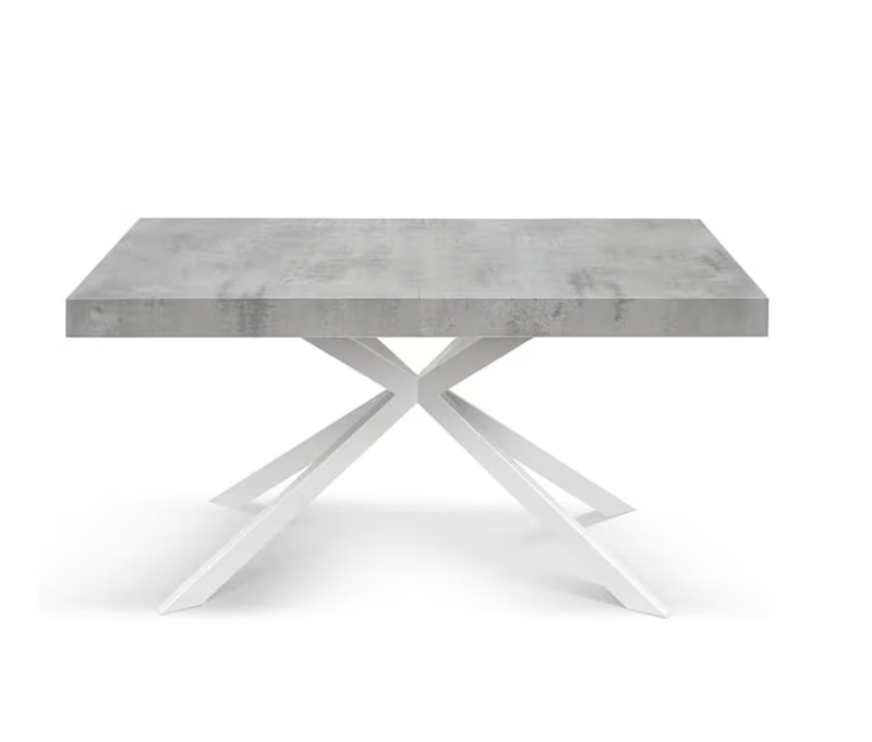 Camaiore - Tavolo legno, finitura cemento,base X bianco, allungabile 160x90