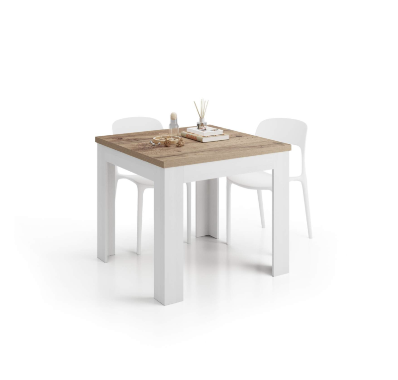 Tavolo Quadrato Allungabile a libro Eldorado, 90x(180)x90 cm, Rovere Rustico e Bianco Frassino