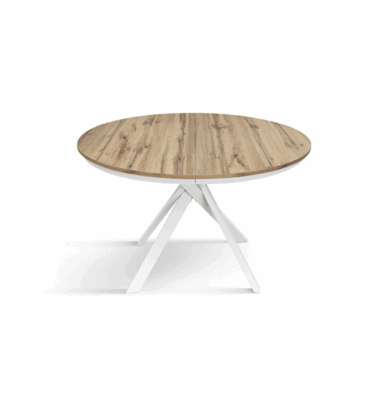 Tavolo rotondo PANTELLERIA in legno effetto rovere rustico con gambe incrociate in metallo bianco, allungabile ⌀120 cm – ⌀170 cm - immagine 6