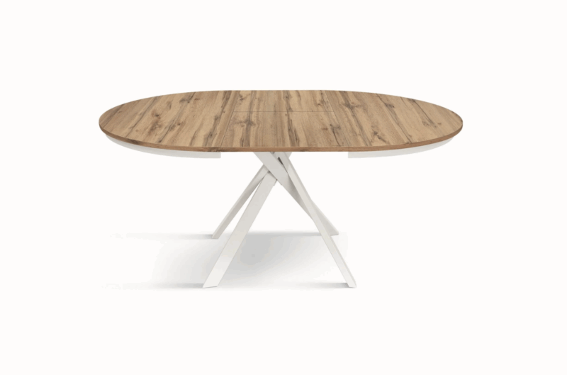 Tavolo rotondo PANTELLERIA in legno effetto rovere rustico con gambe incrociate in metallo bianco, allungabile ⌀120 cm – ⌀170 cm - immagine 5
