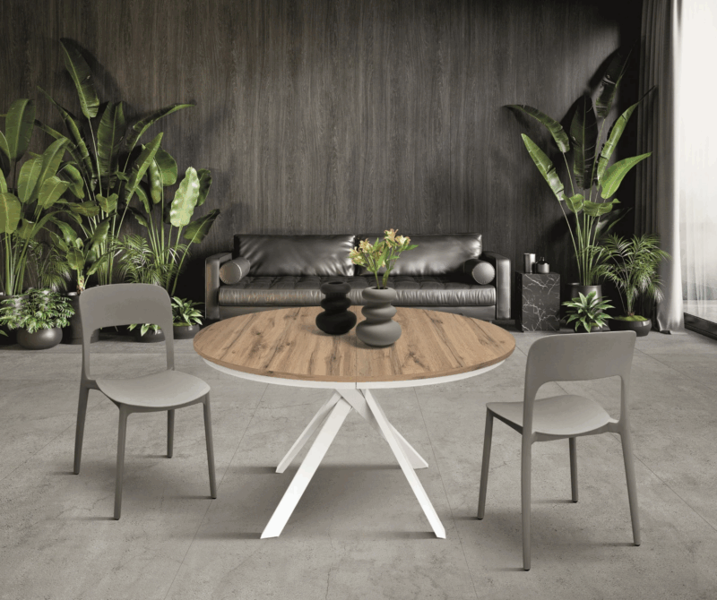 Tavolo rotondo PANTELLERIA in legno effetto rovere rustico con gambe incrociate in metallo bianco, allungabile ⌀120 cm – ⌀170 cm