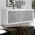 Madia Moderna da Soggiorno 2 ante e 3 cassetti 210x86 cm – Bianco Laccato Lucido e Cemento